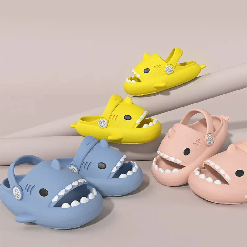 2-in-1 shark sandals for kids in multiple colors with adjustable back straps