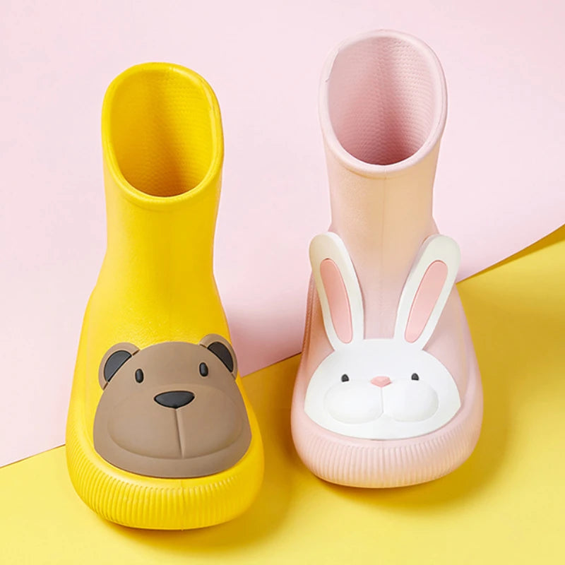 Kids animal rain boots in yellow bear and pink bunny designs