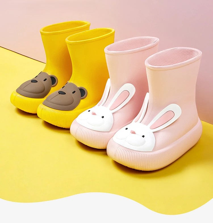 Bear and bunny rain boots for kids in yellow and pink
