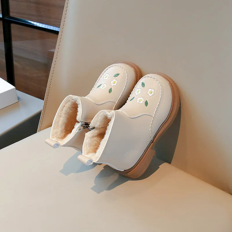 Beige floral embroidered winter boots for kids