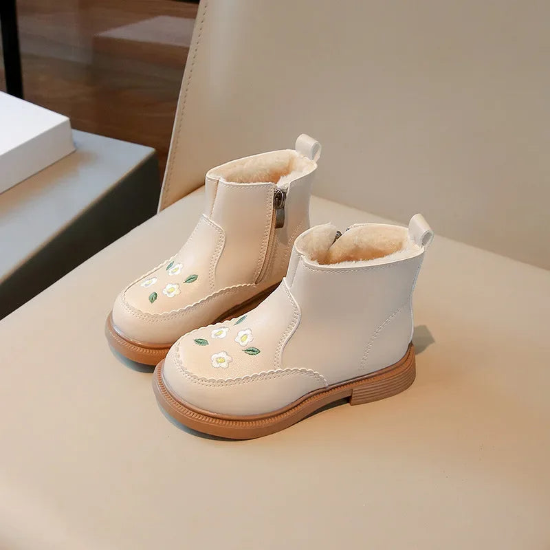 Beige flower embroidered kids boots with warm plush lining
