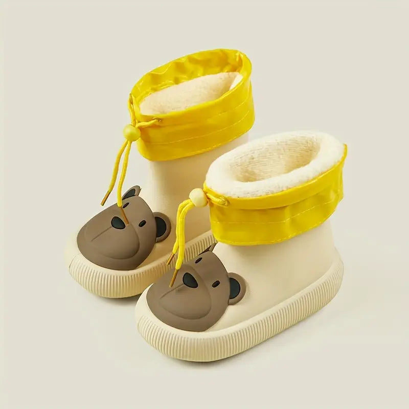 Beige kids rain boots with removable fleece bootie liner
