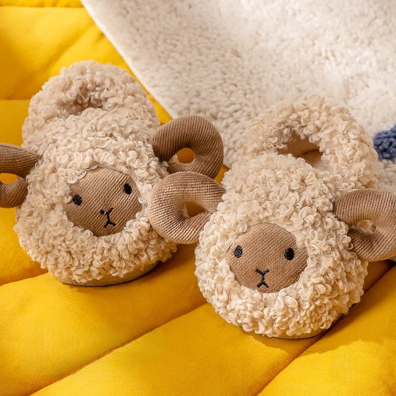 Beige sheep fluffy slippers for kids with soft plush lining