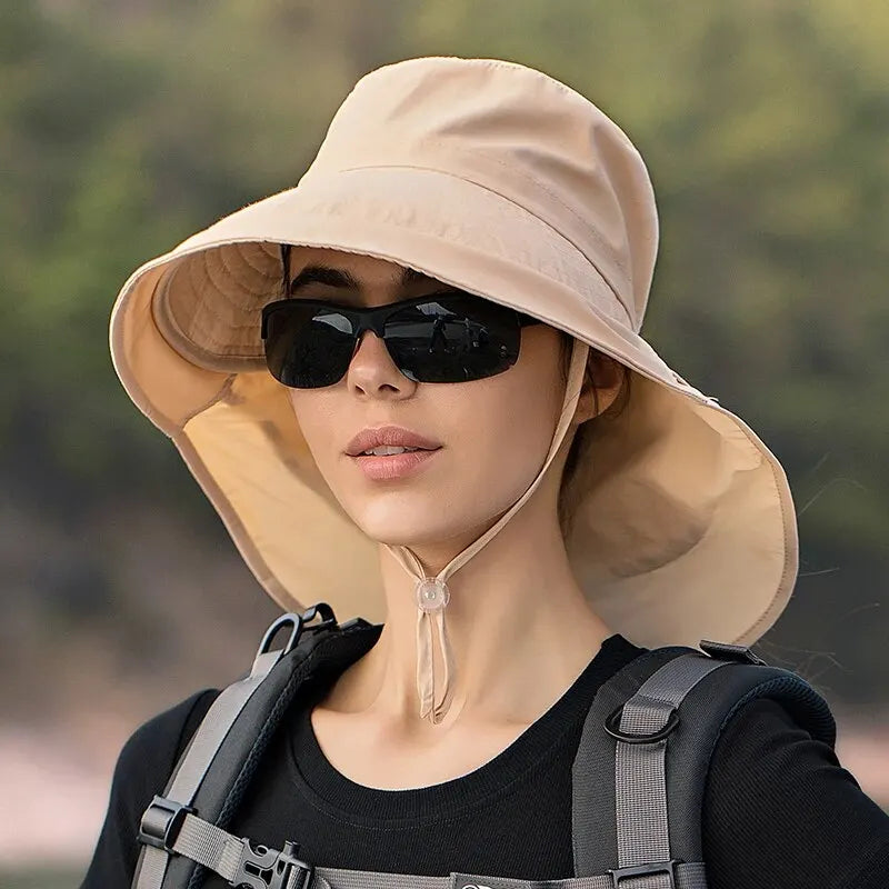 Beige wide brim sun hat with neck flap