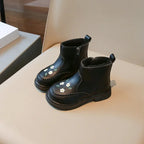 Black flower embroidered kids boots with warm plush lining
