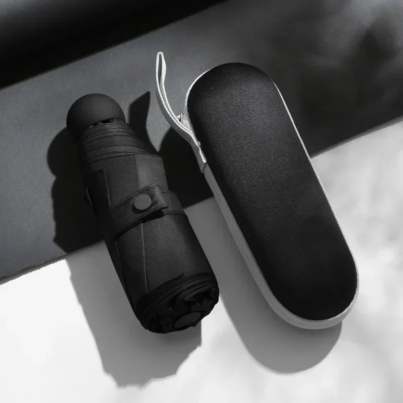 Black mini capsule umbrella with compact carrying case