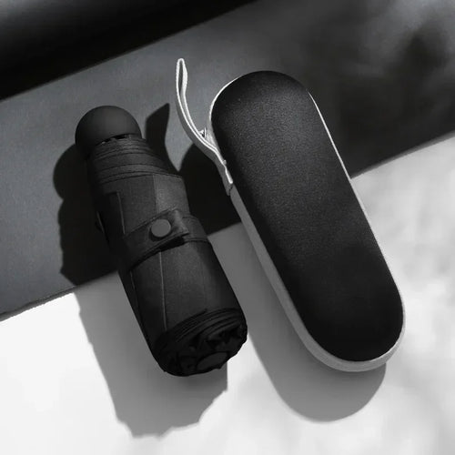 Black mini capsule umbrella with compact carrying case