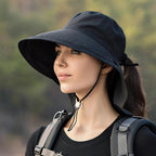 Black wide brim sun hat with neck flap