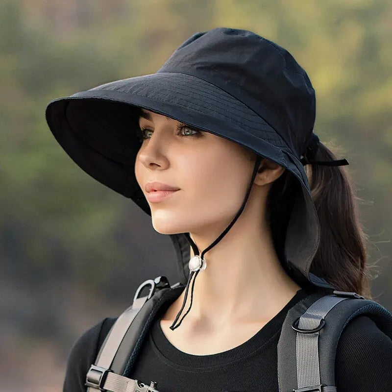 Black wide brim sun hat with neck flap