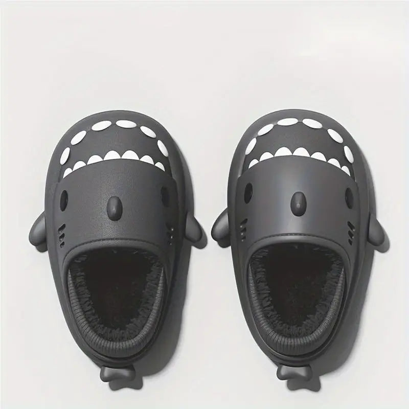 Black winter shark clogs for kids with warm plush lining