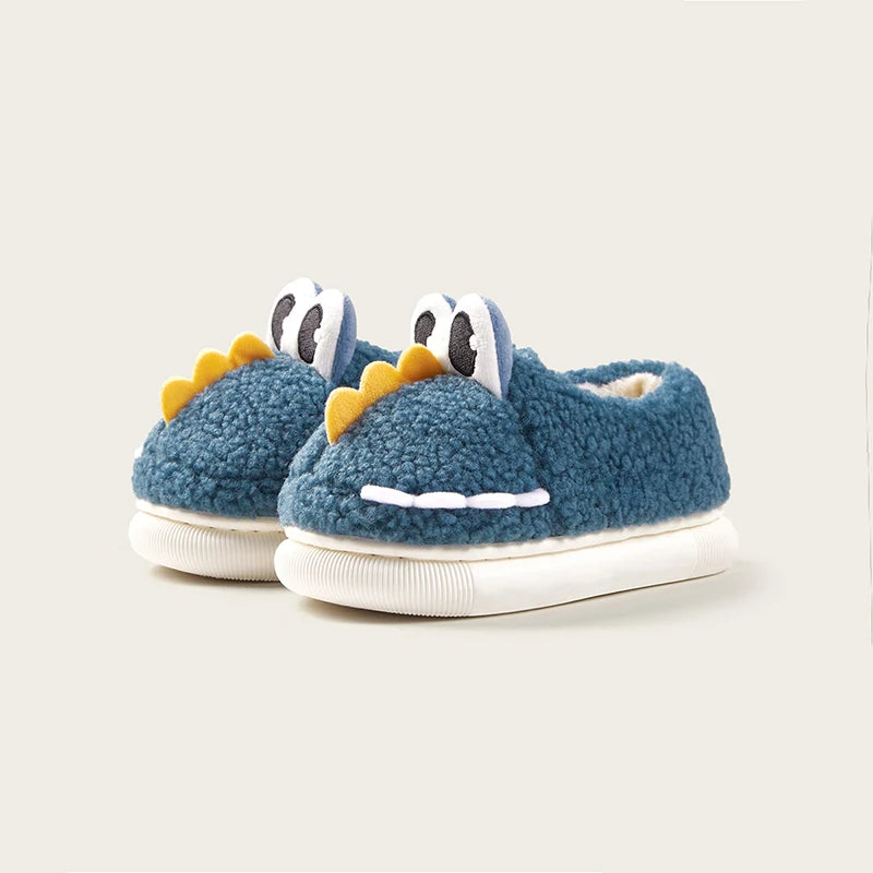 Blue dinosaur fluffy slippers for kids with warm plush lining