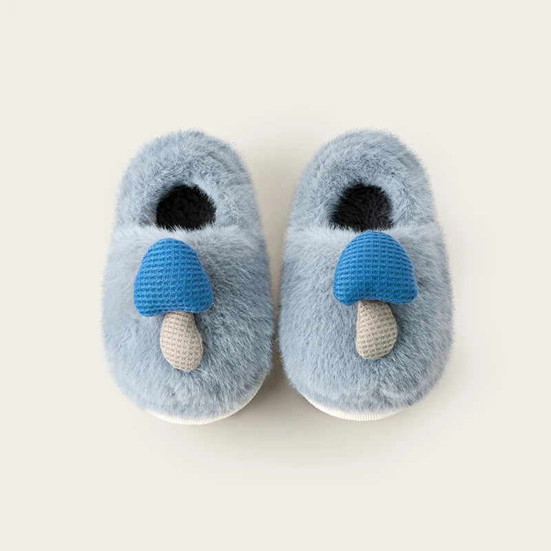 Blue mushroom bootie slippers for kids – front view