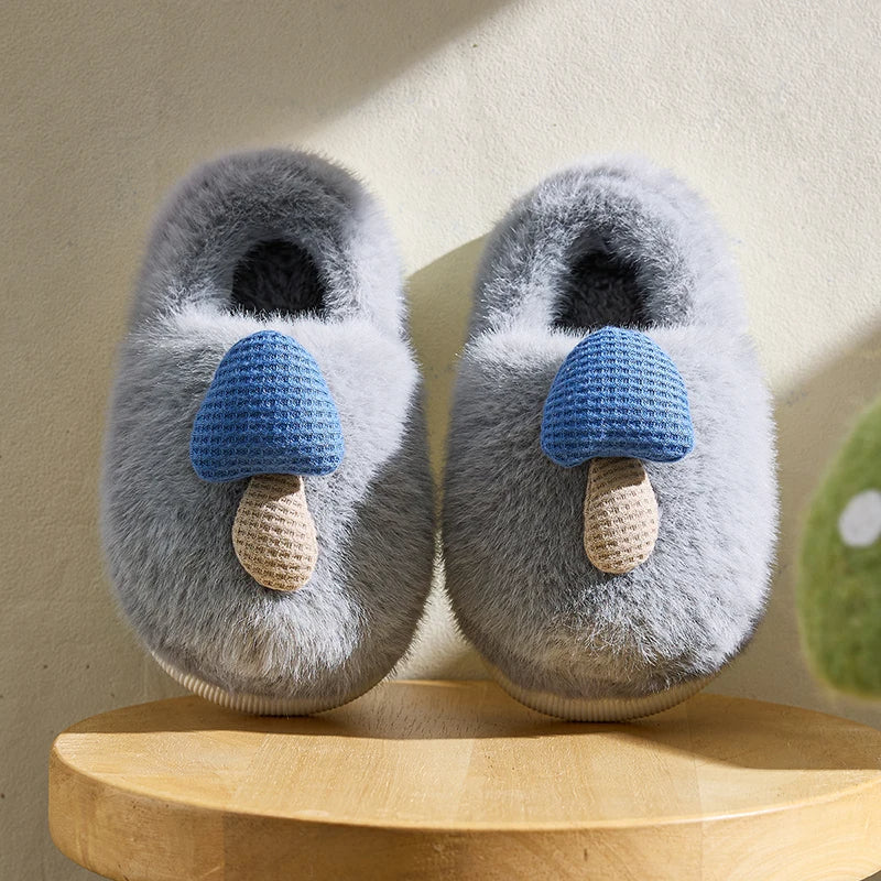 Blue mushroom bootie slippers for kids – lifestyle view