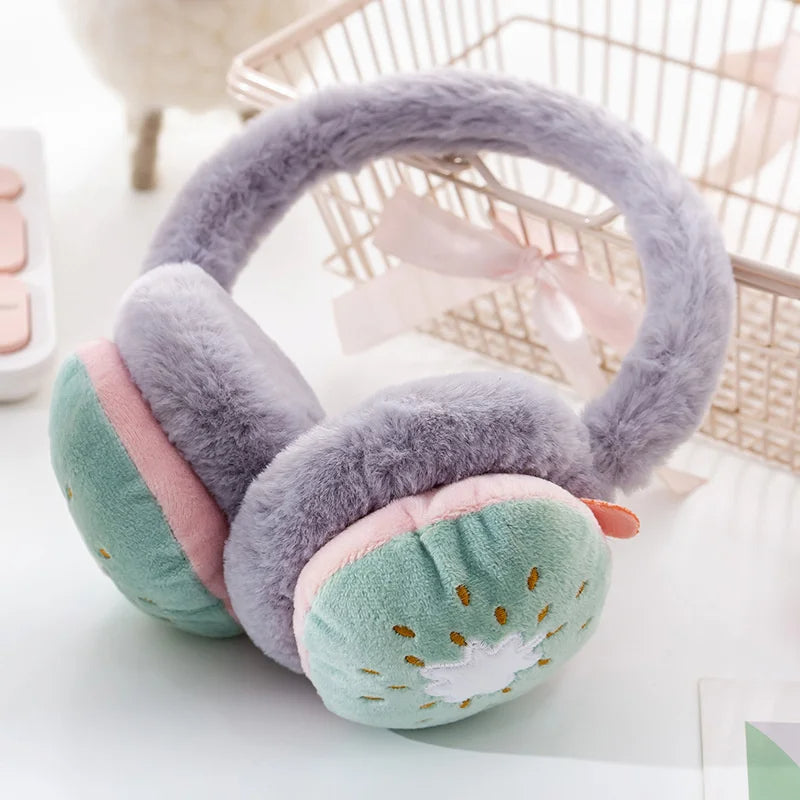 Blue and pink fruit winter earmuffs for kids with plush ear padding