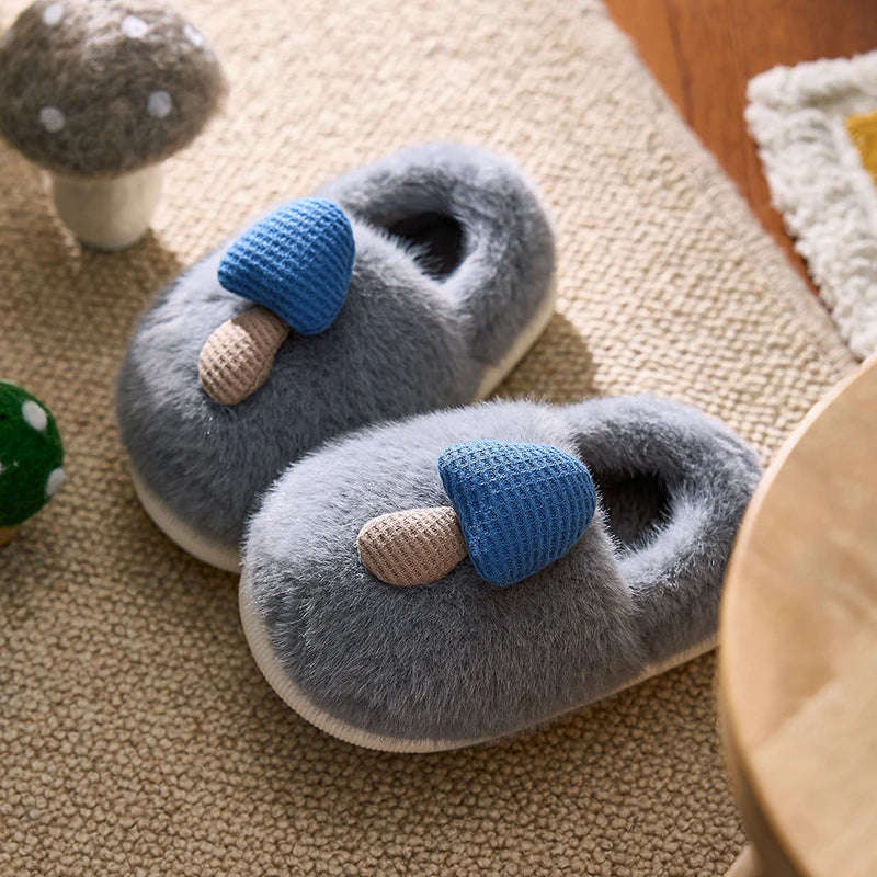 Blue plush mushroom slippers for kids – cozy indoor wear