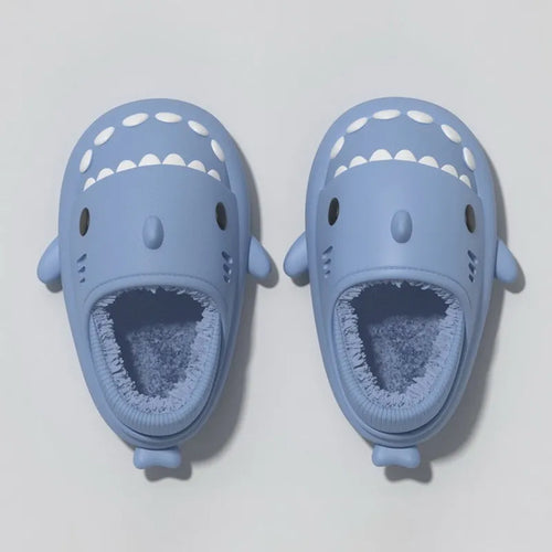 Blue shark clogs for kids with soft plush lining