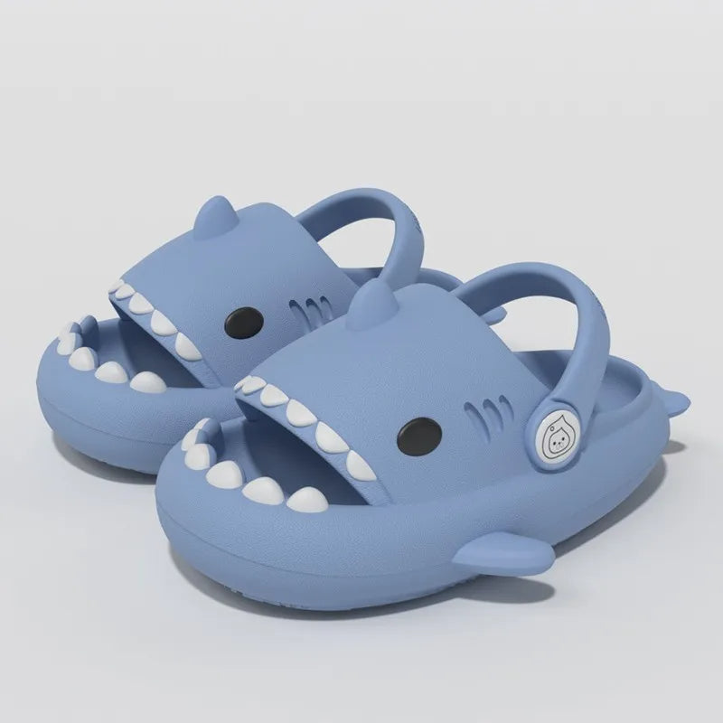 Blue 2-in-1 shark sandals for kids with adjustable back strap