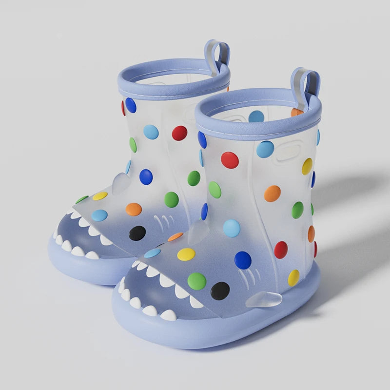 Blue transparent shark rain boots for kids with colorful polka dots