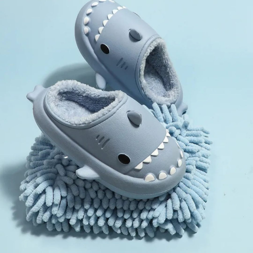 Blue winter shark clogs for adults with warm plush lining