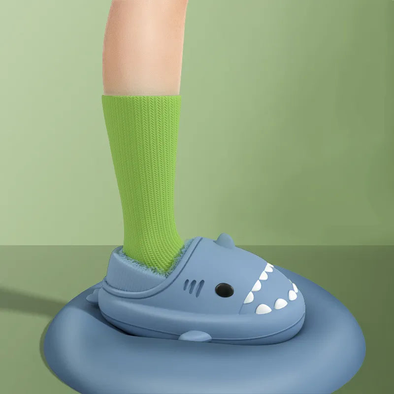 Blue winter shark clogs for kids with warm plush lining