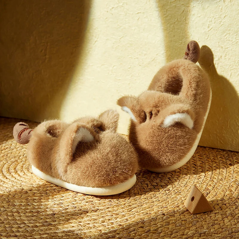 Brown cat fluffy slippers for kids with soft plush lining