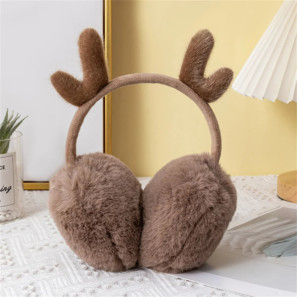 Brown deer ear muffs for women with soft plush padding
