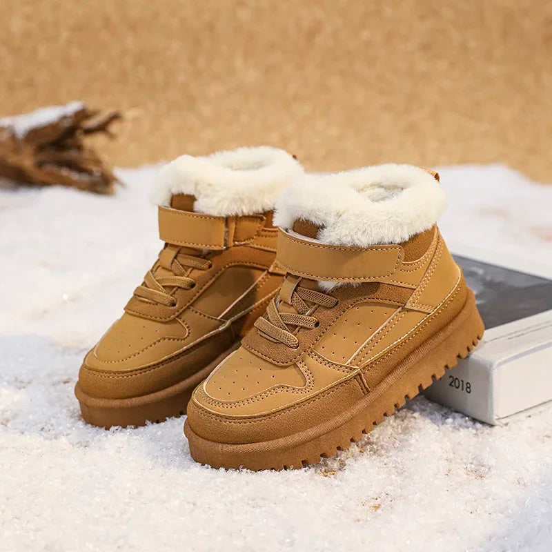 Brown waterproof winter boots with warm plush lining