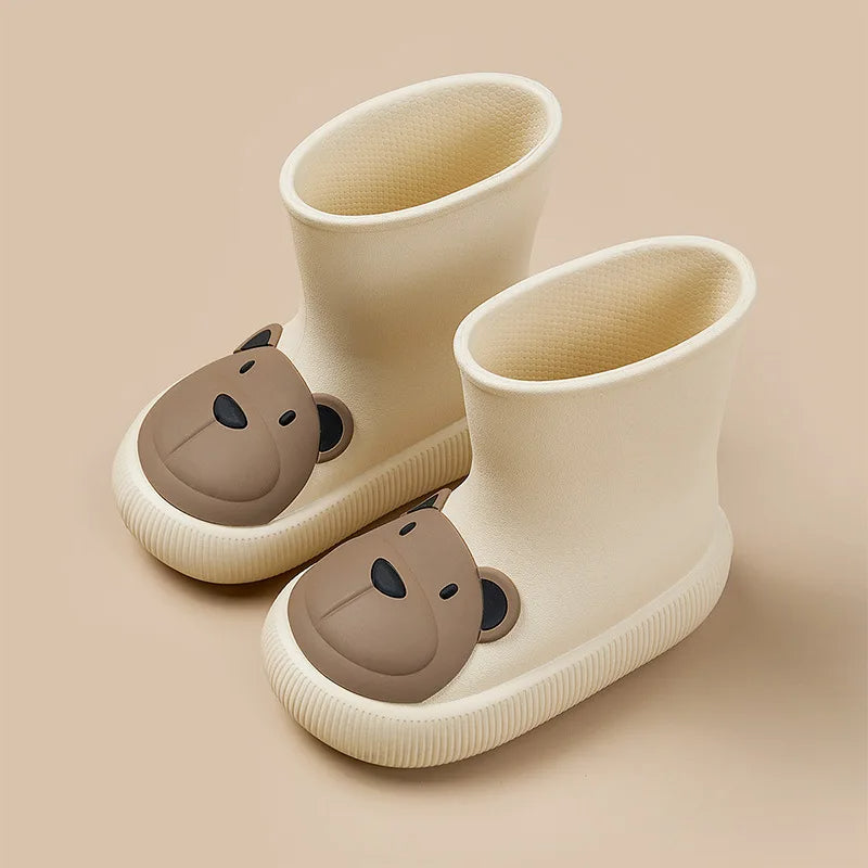 Cream bear rain boots for kids with non-slip sole