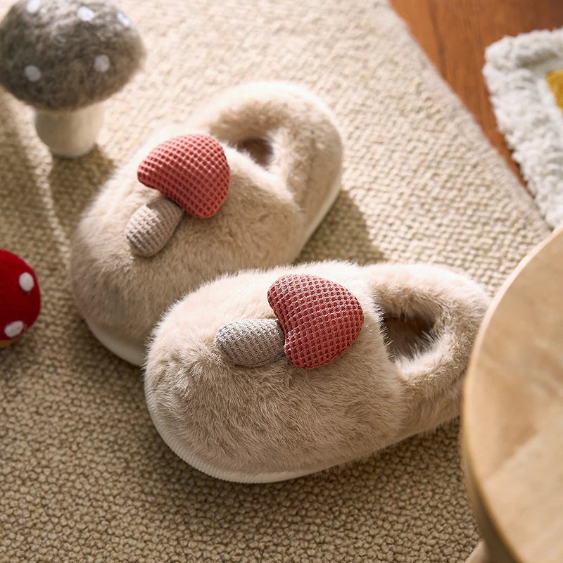 Cream plush mushroom slippers for kids – cozy indoor wear