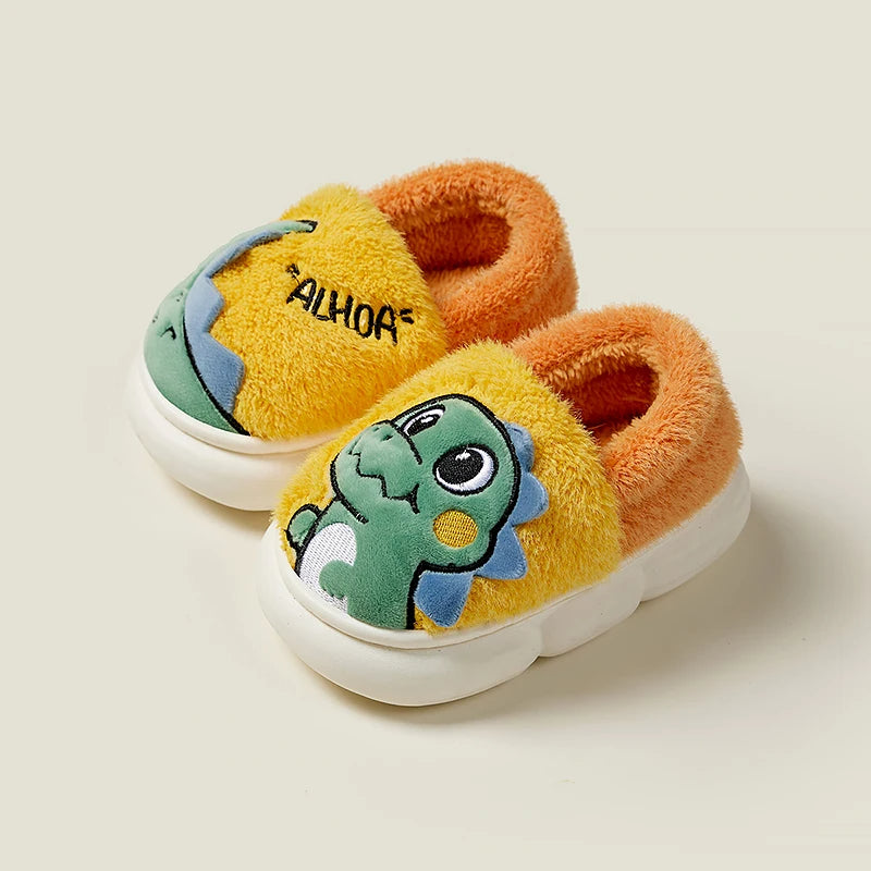 Dinosaur fluffy slippers for kids with soft plush lining and non-slip sole