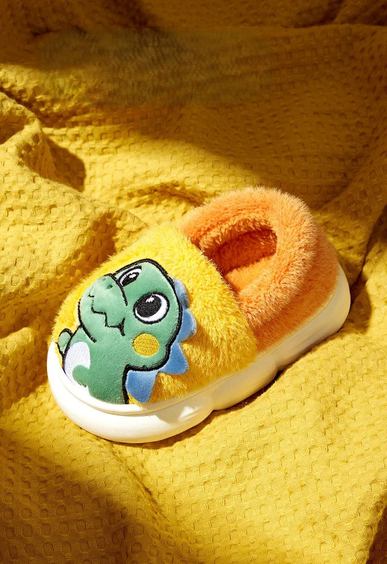 Dinosaur fluffy slippers for kids – cozy indoor lifestyle view