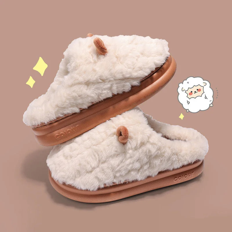 Brown fluffy sheep slippers for women with warm plush lining and non-slip sole