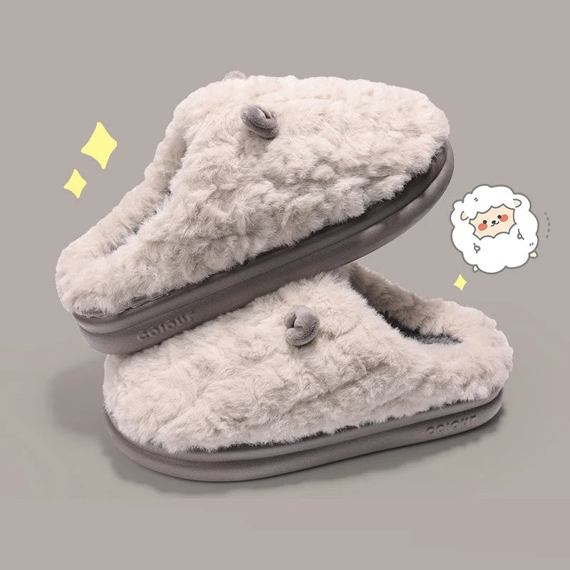 Gray fluffy sheep slippers for women with warm plush lining and non-slip sole