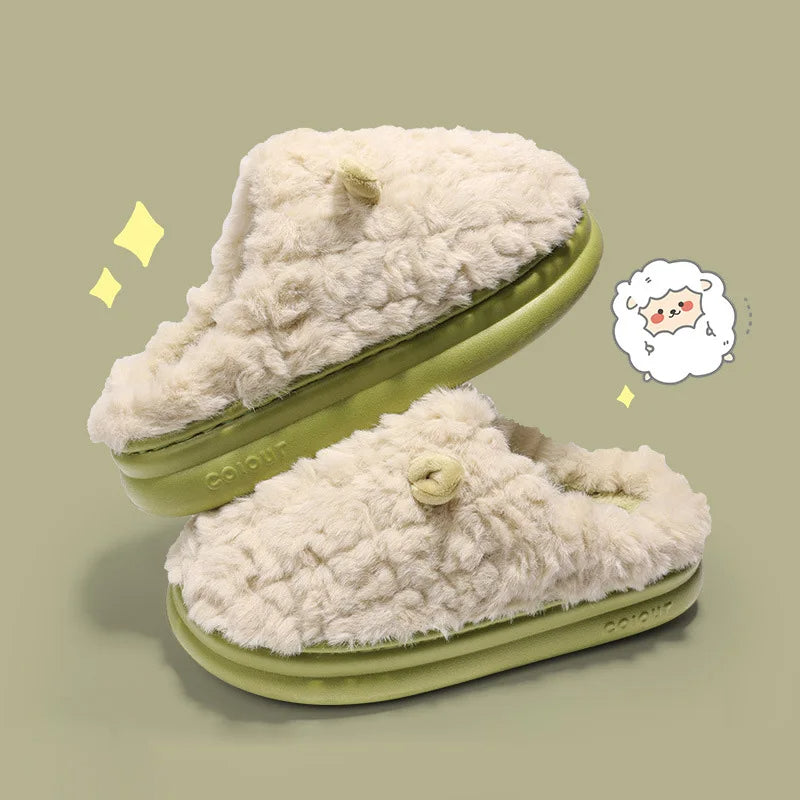 Green fluffy sheep slippers for women with warm plush lining and non-slip sole