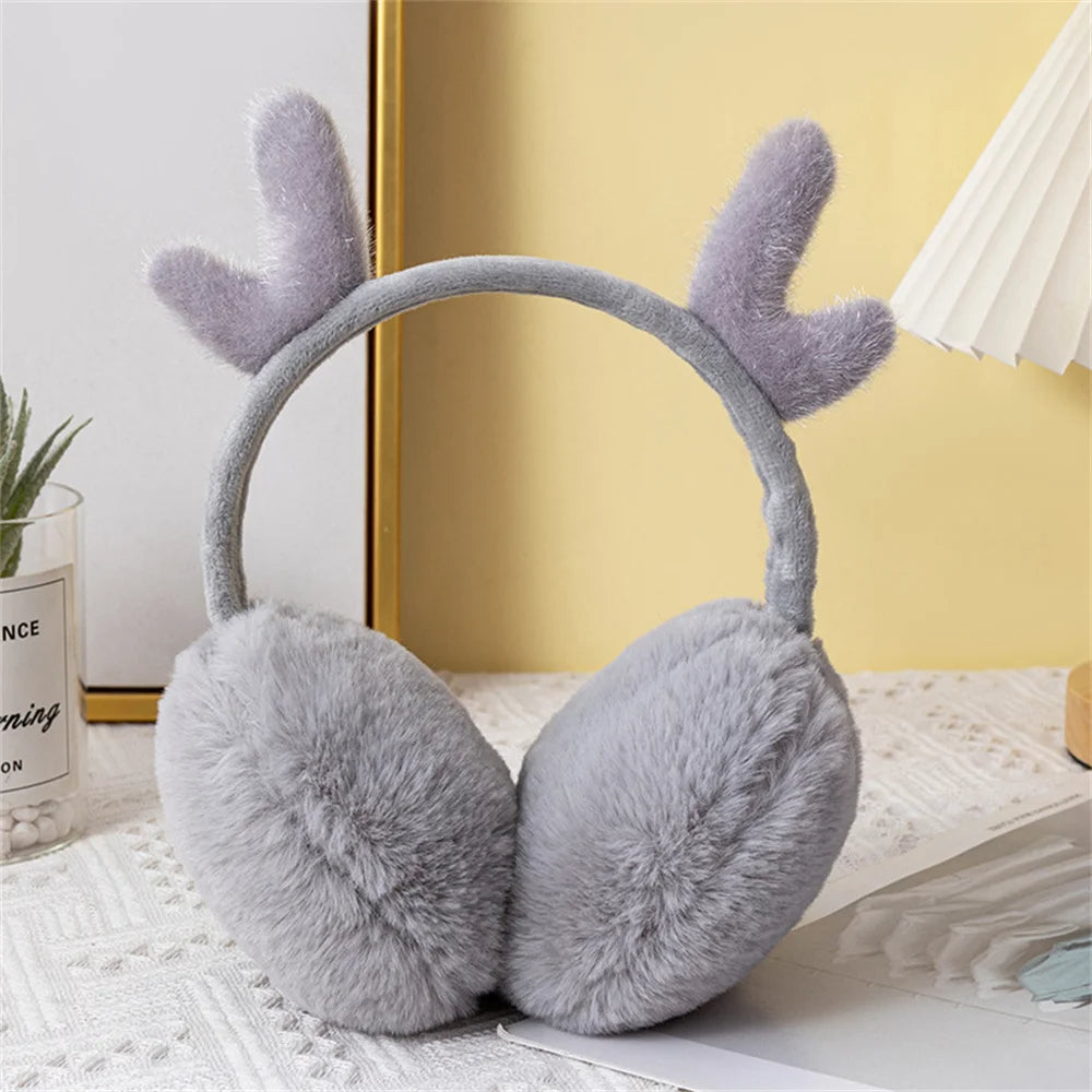 Gray deer ear muffs for women with soft plush padding
