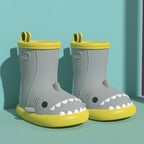 Gray shark rain boots for kids with non-slip sole
