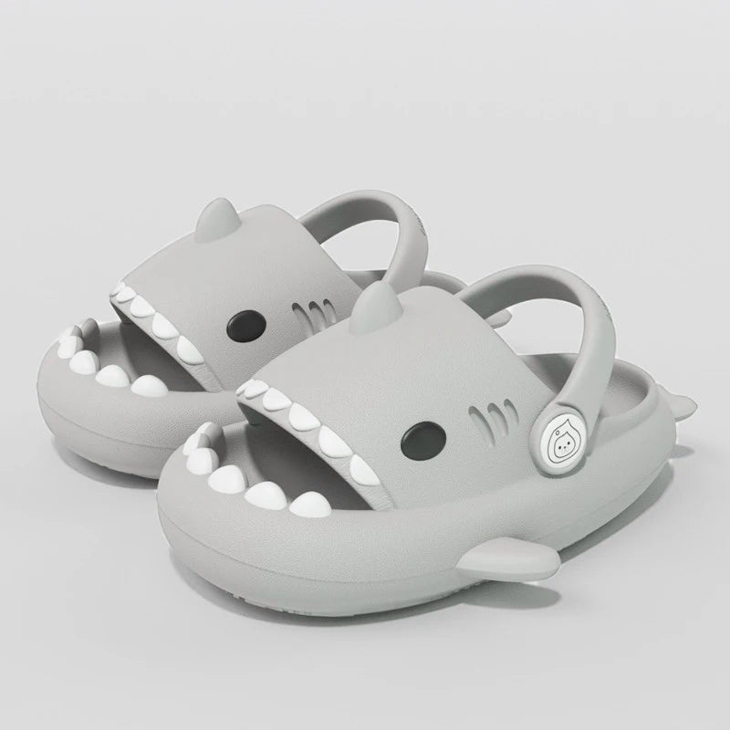 Gray 2-in-1 shark sandals for kids with adjustable back strap