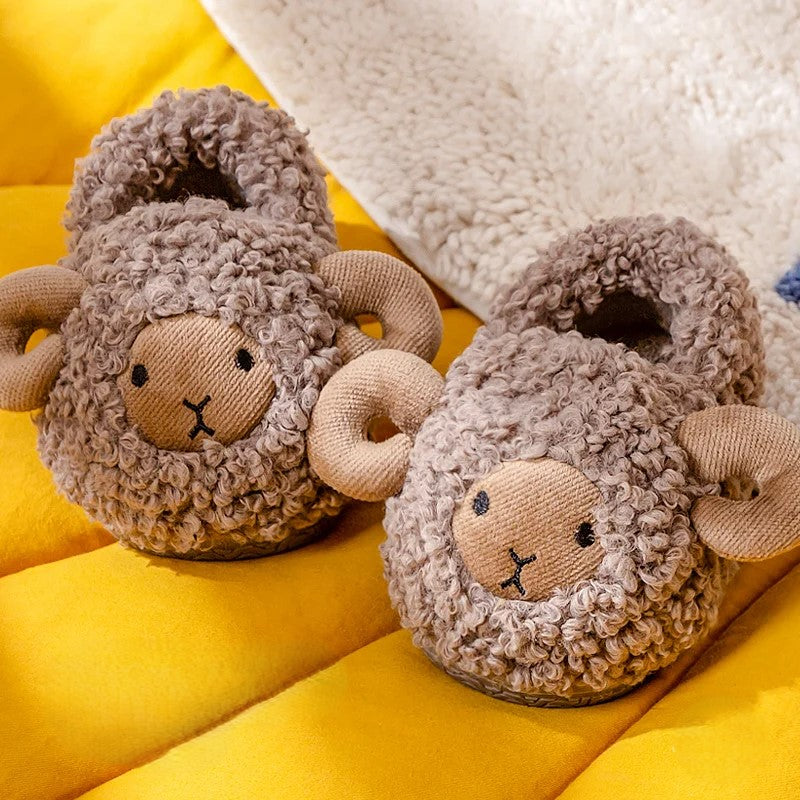 Gray sheep fluffy slippers for kids with soft plush lining