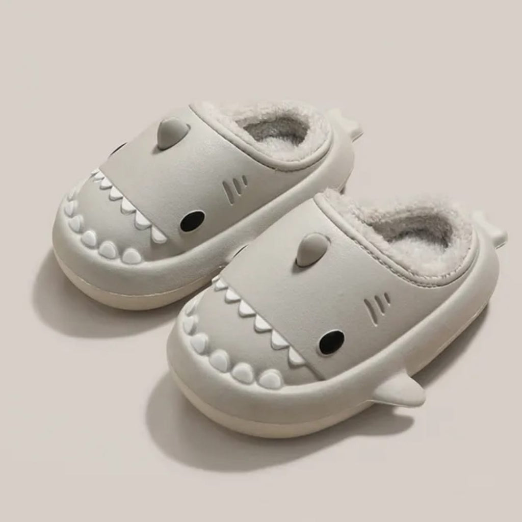 Gray winter shark clogs for adults with warm plush lining