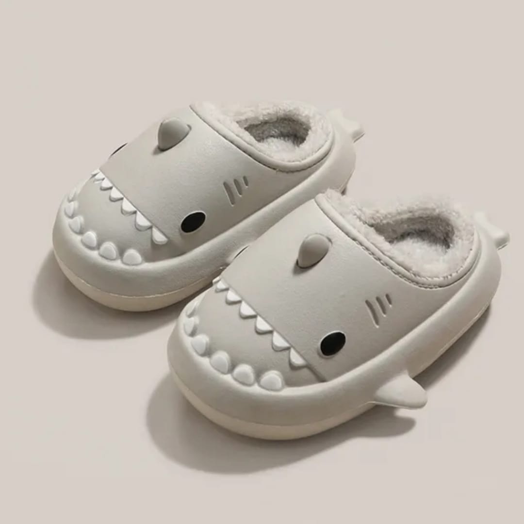 Gray winter shark clogs for adults with warm plush lining