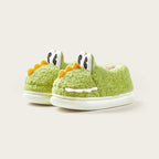 Green dinosaur fluffy slippers for kids with warm plush lining