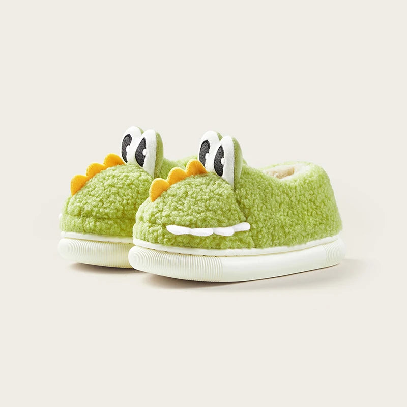 Green dinosaur fluffy slippers for kids with warm plush lining