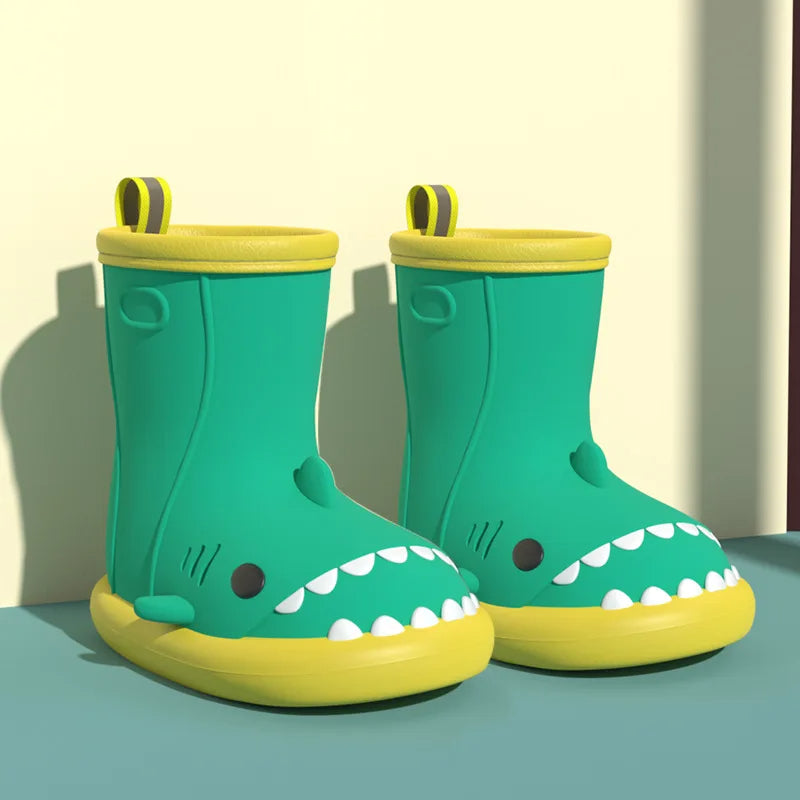 Green shark rain boots for kids with waterproof design