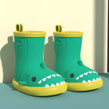 Green shark rain boots for kids with waterproof design