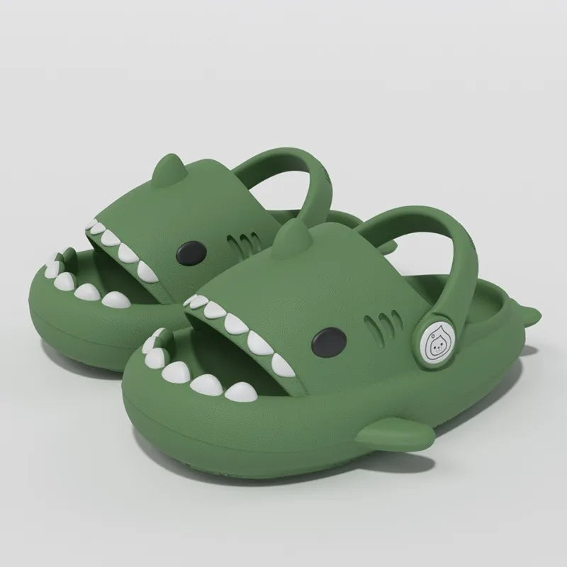 Green 2-in-1 shark sandals for kids with adjustable back strap