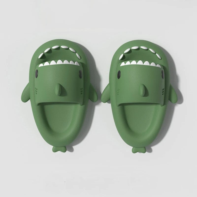 Green shark slides for adults with non-slip sole