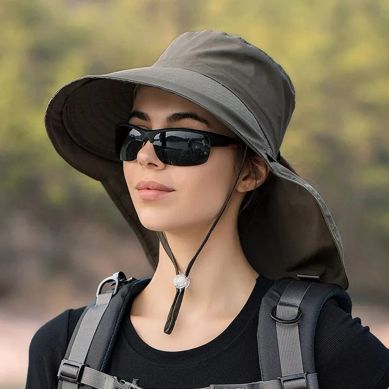 Khaki wide brim sun hat with neck flap