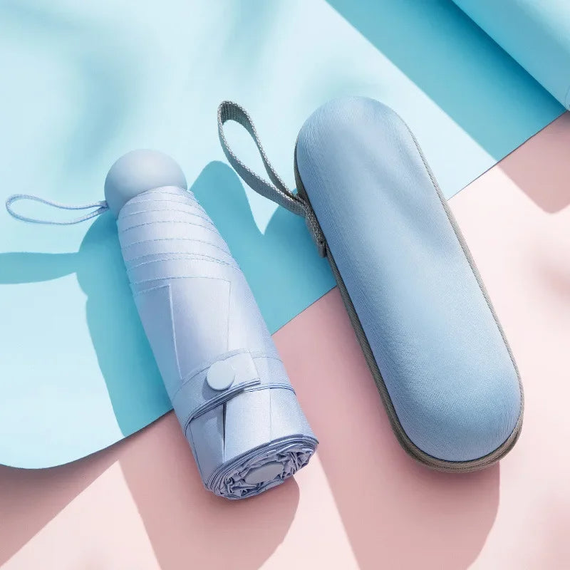 Light blue mini capsule umbrella with compact carrying case