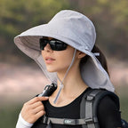 Light gray wide brim sun hat with neck flap