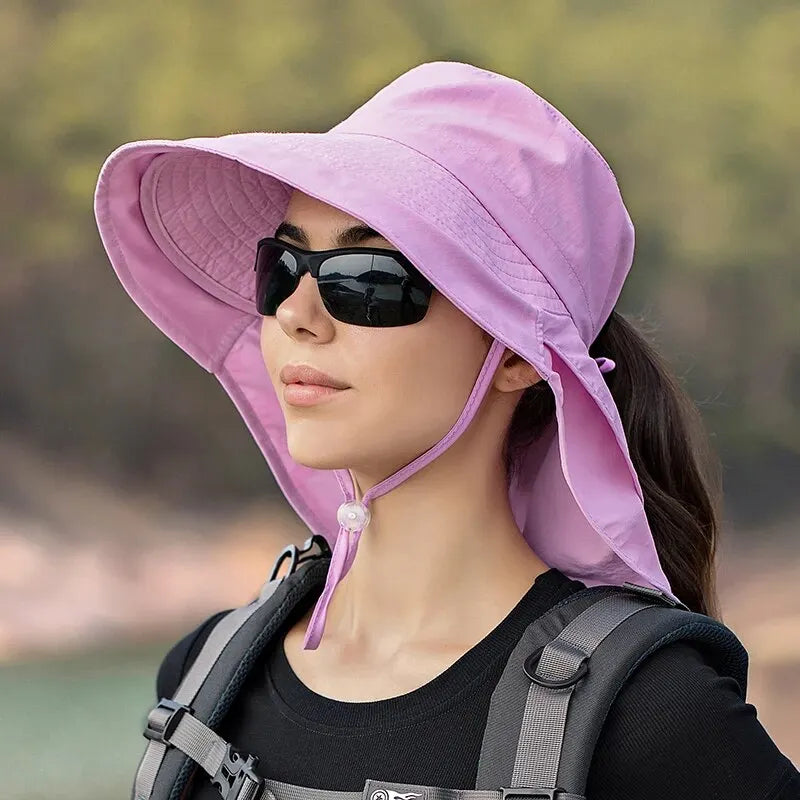 Lilac wide brim sun hat with neck flap